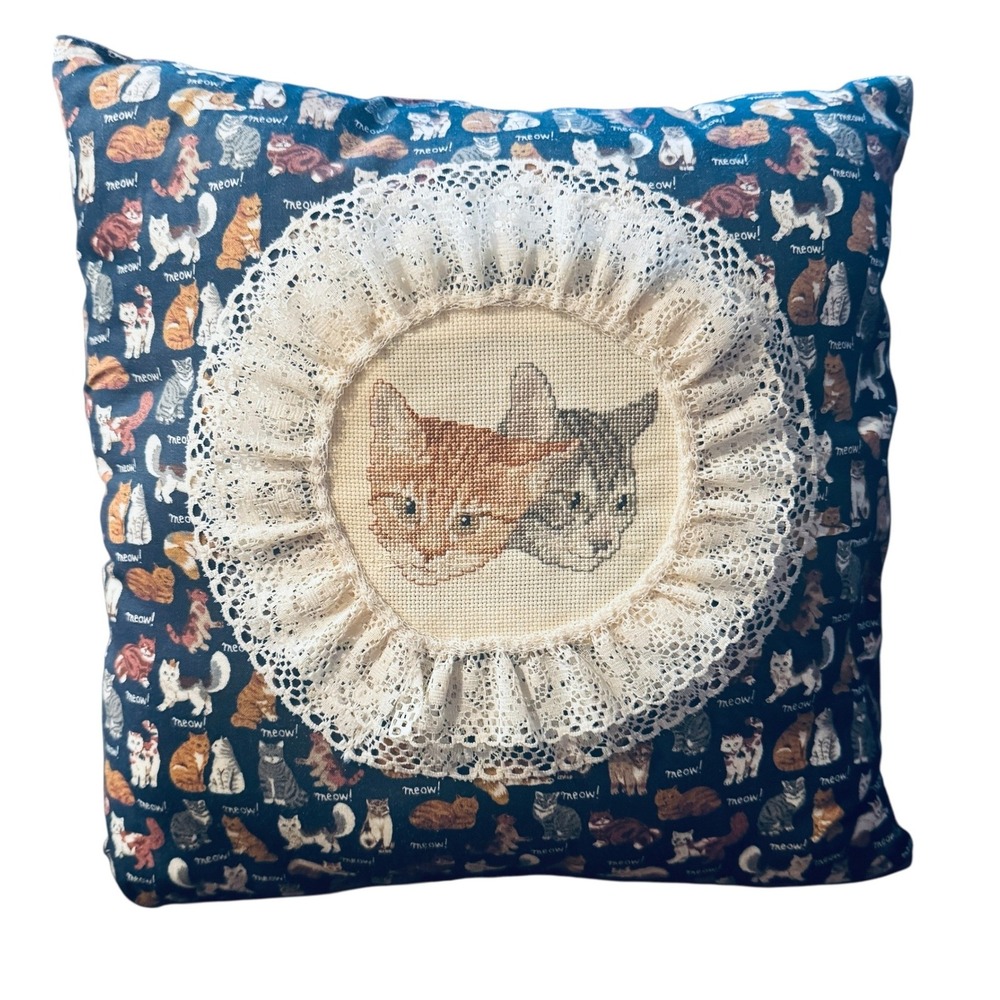 Handmade Cross Stitch Cat Pillow Ruffle Lace Trim Meow‎ Print Cushion Vintage